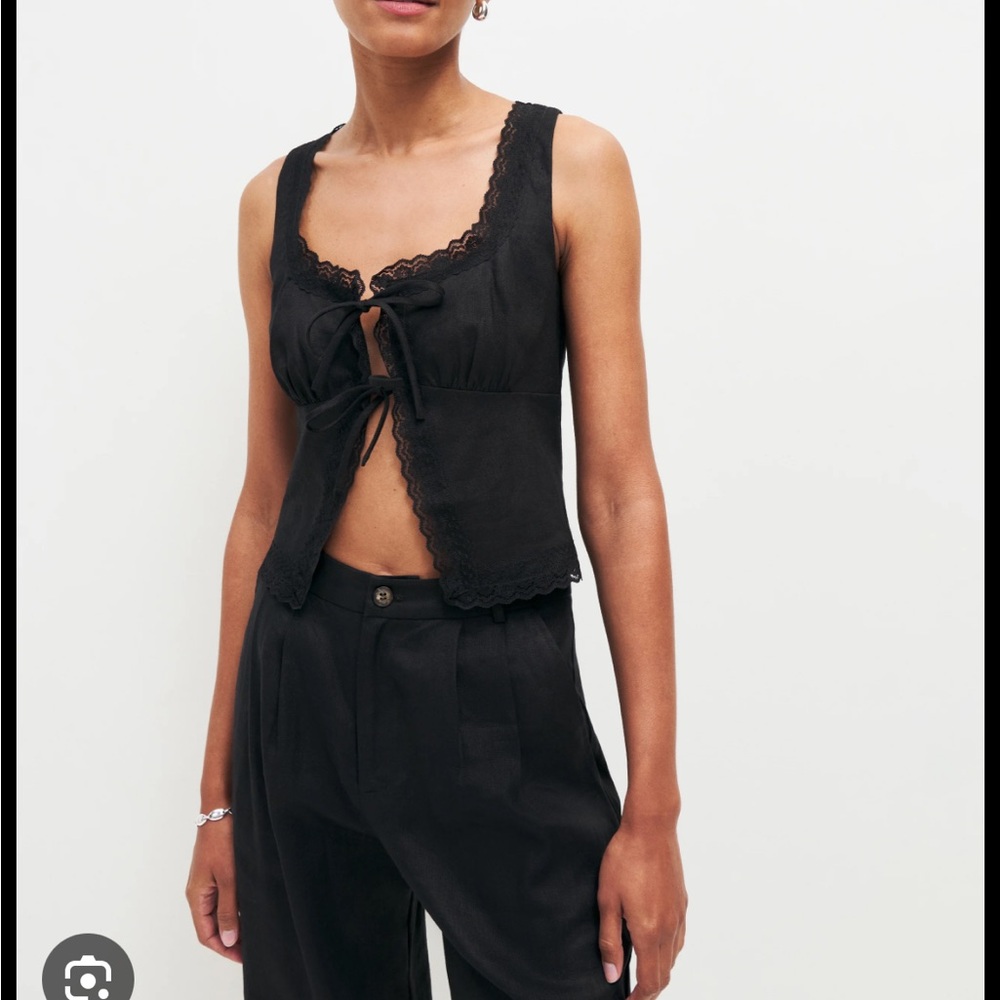 Reformation Rosalie Linen Black Tie Front Top
